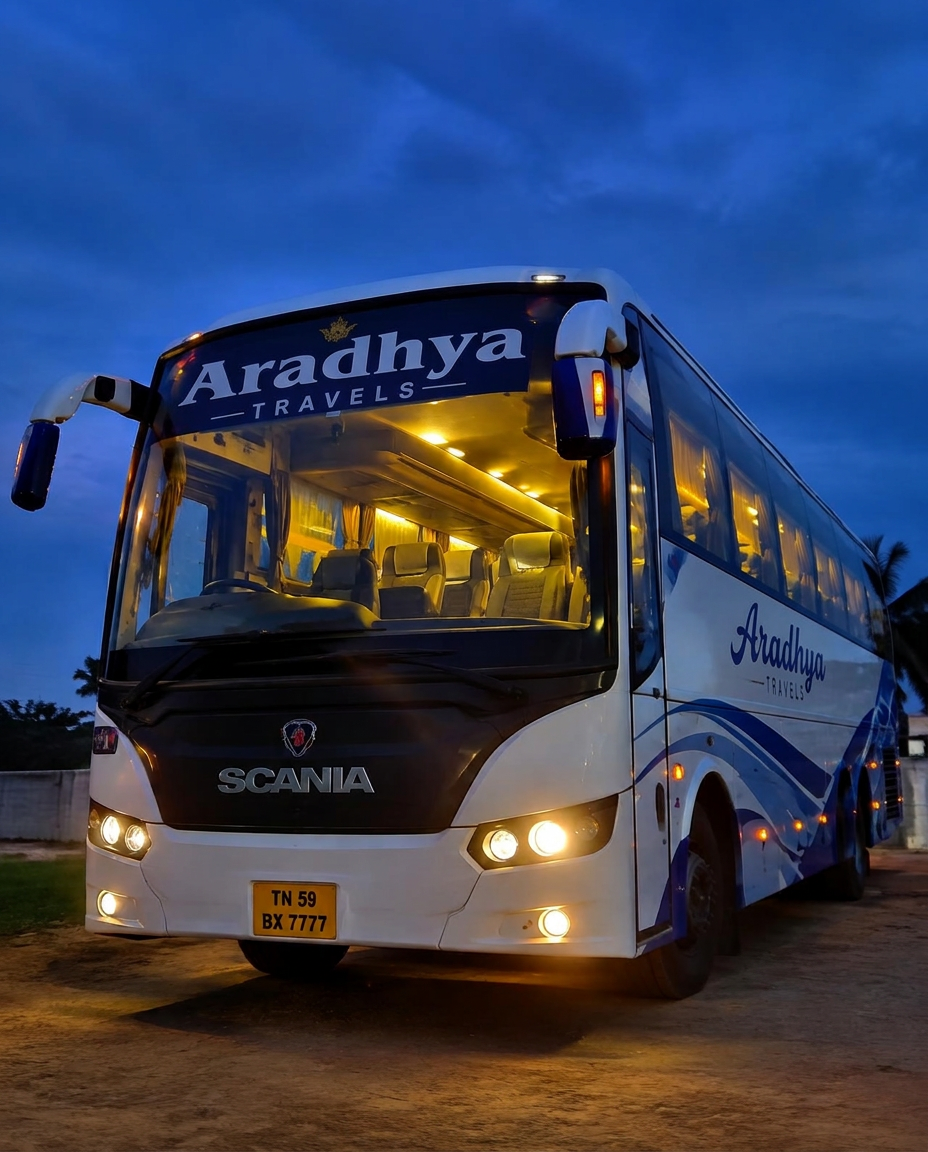 Representative photo of a tourist bus at dusk