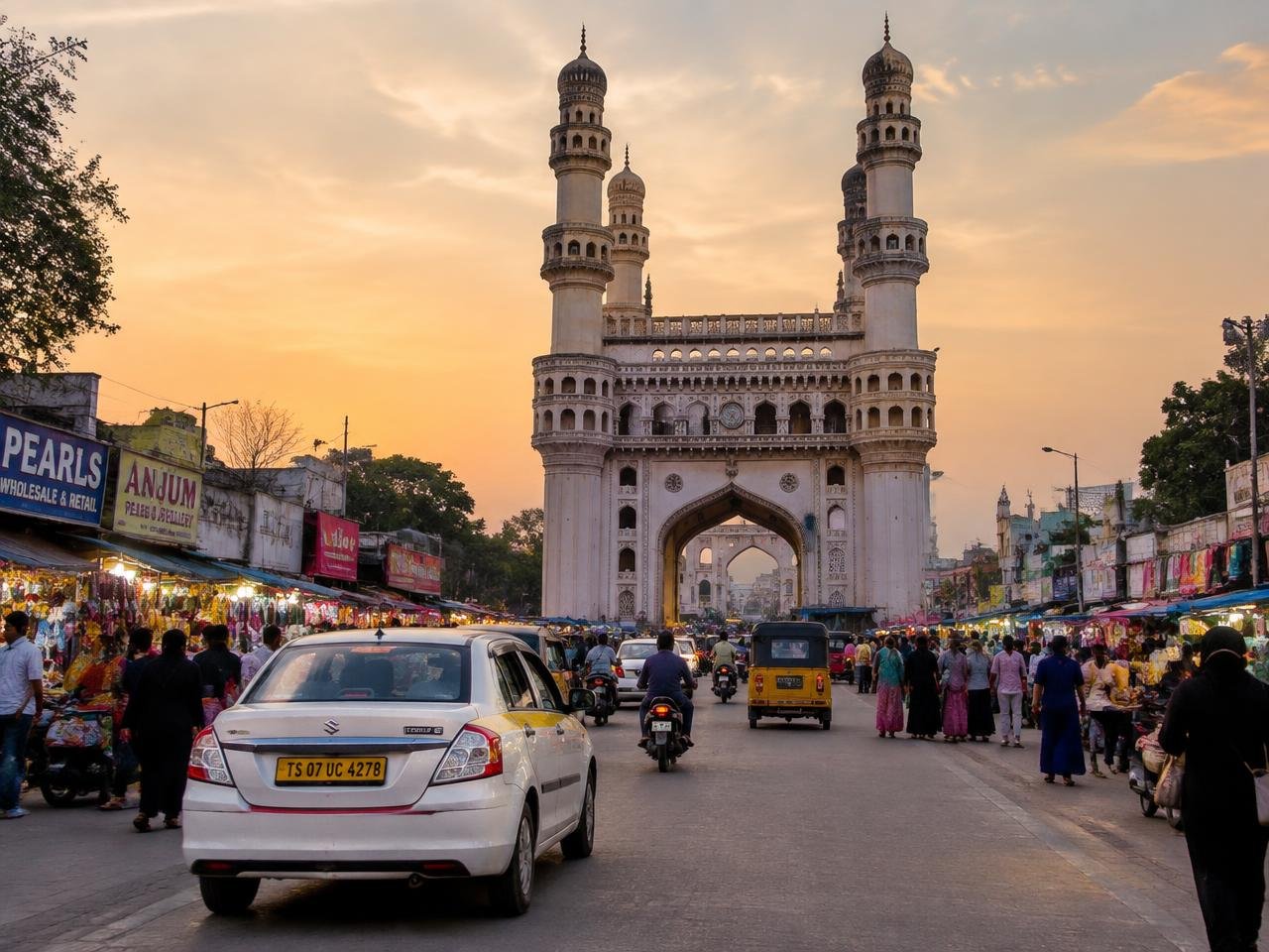 White cab on the busy street in front of Charminar, Hyderabad